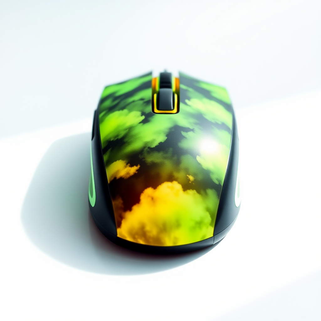 A crazy pastel toned computer mouse in neon lime green and black, with cloudy patterns, white backdrop with sunlight, front view, beautiful, photography, Taken with a Canon E05 R camera with 50 mm f/ 1.8 lens and f/ 2.2 aperture. 8k resolution, photography, photorealistic, photogenic, hyperrealistic, hyper-photo-realistic.