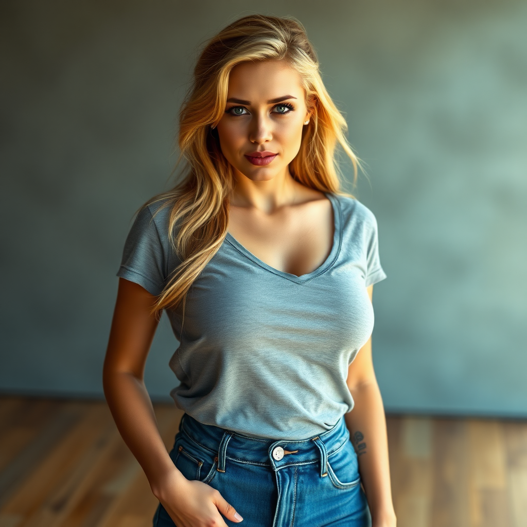 RAW Photo, DSLR, professional color graded BREAK, casual, extremely detailed face Scarlett Johansen, full detailed body, beautiful body, fit body, extremely detailed eyes, extremely detailed hair, blonde, (detailed big breast, gravity rounded boobs), (perfect hips, rounded hips, big hips), perfect legs, epic photograph, highly detailed, 8k, Sony A7, ektachrome detailed, natural light, cinematic composition, blue jeans, long hair, t shirt