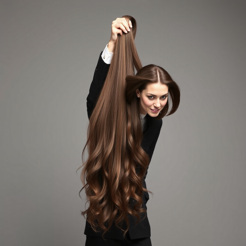 A surreal image of a magician holding up the disembodied head of a very long haired Kate Middleton. He is grabbing her very long hair and pulling it up high in the air, while her head is hanging by her hair from his grasp to display it to the camera. Plain gray background.