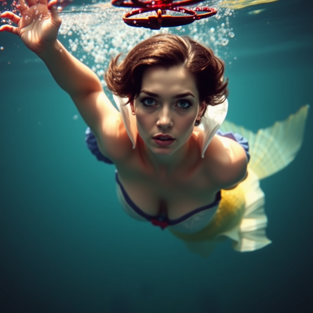 Snow White as a mermaid. She's floating underwater with arms up. She's looking intensely at the viewer of the photo. The eye contact is palpable and mystical. Her short hair floats like a beautiful nimbus around her head and her shiny scaled tail is curled beside her. Gossamer Diaphanous. Vamp it up! HD DSLR Photo