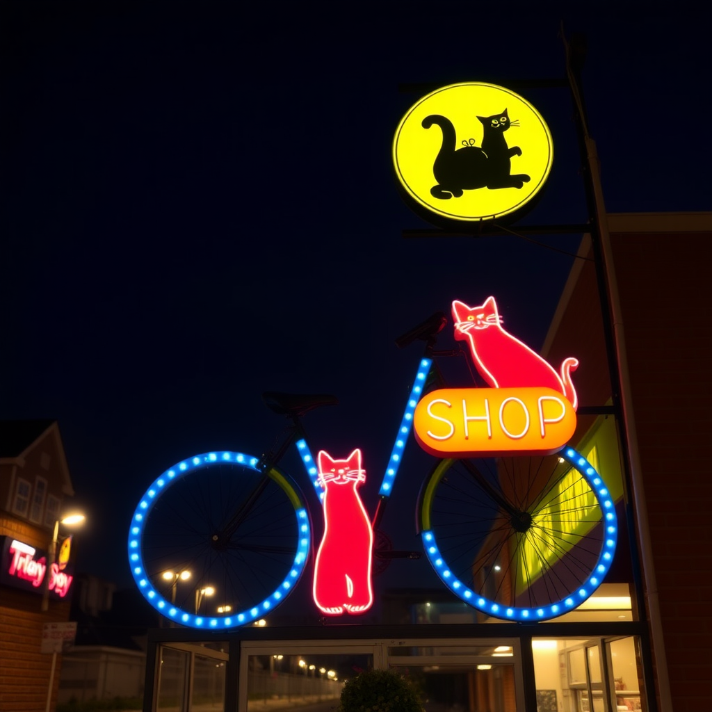 bicycle shop sign cats