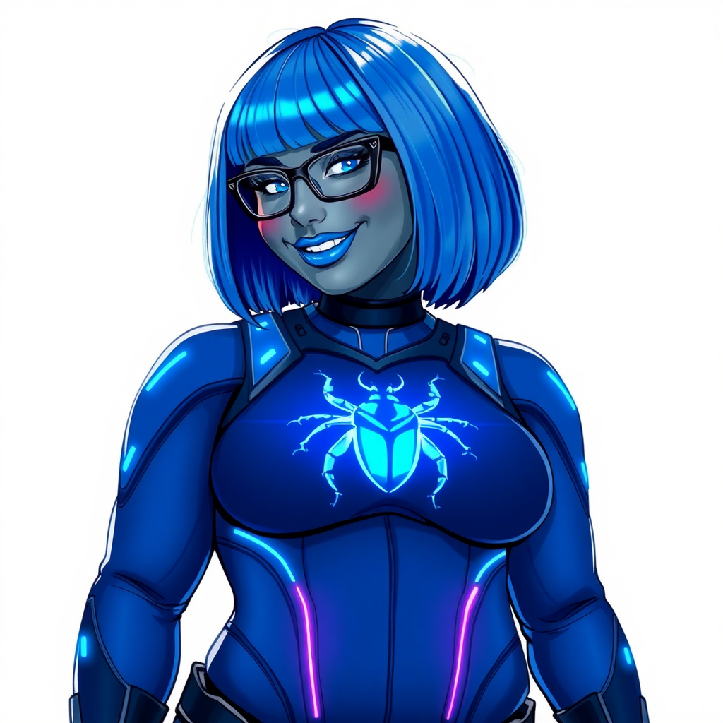 A 28-year-old, full-figured, middle gray metal skinned computer program-human hybrid with a maximum blue bob cut. She is the digital sidekick, computer hacker, and nerdy girlfriend of her cyberpunk vigilante boyfriend. Her middle gray metallic skin, distinct from any other character, highlights her digital nature. She wears maximum blue lipstick and has bright blue eyes. Her outfit includes a maximum blue full bodysuit with neon blue glowing beetle-themed accents completed by a neon blue glowing chest icon of a beetle. Black eyeglasses accentuate her nerdiness, and she has a lovestruck smile with neon red blush. Her full figure, including a prominent, gargantuan, round midsection (with the full emphasis on her protruding gargantuan belly), gigantic limbs, and broad shoulders, reflects the doting care of her vigilante boyfriend. The background is solid white. She is drawn as if she was in a retro 2D cyberpunk fighting game. Ensure her bodysuit covers all her bare skin (especially her round gargantuan belly). Her bodysuit is influenced by DC's superheroine Jennifer Knight Phantom Lady but remains distinct.