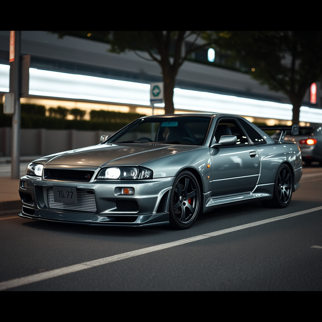 The car is parked on the side of the road, inspired by Taiyō Matsumoto, tumblr, restomod, nd4, c4 metallic shine gray black nissan skyline r34 kalabalik tokyo gece arkaplan