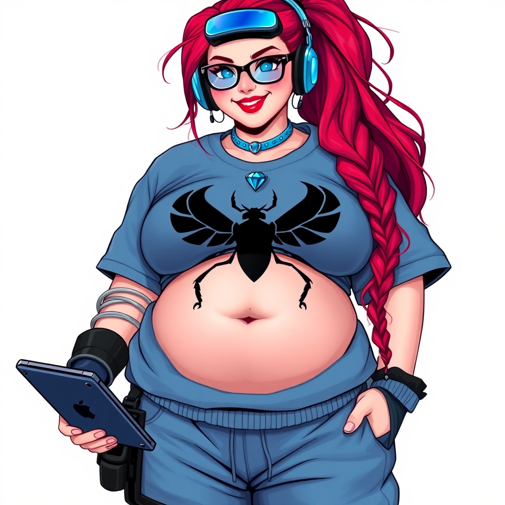 A cyberpunk vigilante’s full-figured intelligent and tech-savvy 29-year-old girlfriend, who is a computer hacker and tech genius. She has a long ruby red ponytail and bright blue eyes. She wears a sapphire beetle gemstone necklace, an armored, oversized, Maximum Blue (RGB 71, 171, 204) t-shirt featuring a giant black chest icon of a winged beetle, and matching Maximum Blue (RGB 71, 171, 204) sweatpants. She has a full-figured physique with a prominent, giant, well-rounded midsection, reflecting her well-cared-for lifestyle. The midsection is heavily emphasized. She sports a sapphire headset with hi-tech Maximum Blue (RGB 71, 171, 204) lensed HUD visor, Maximum Blue (RGB 71, 171, 204) lipstick, black eyeglasses, and a beaming smile with a passionate bright red blush. Despite her figure and a lack of self-esteem, she radiates an air of beauty. She has an angular face which contributes to her radiant beauty. She serves as his tech expert from his hideout, holding a holographic tablet and a hi-tech tool wrench. The background is solid white. She is drawn as if she was in a retro 2D cyberpunk fighting game. Make sure her outfit covers her enormous midsection.