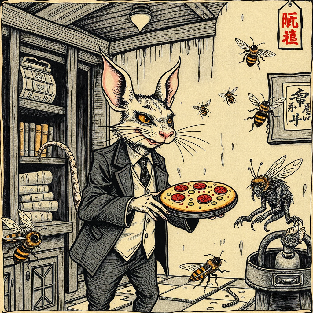 A well dressed handsome rat demon delivering pizza to angry bees in a decayed apartment, Chinese woodcut