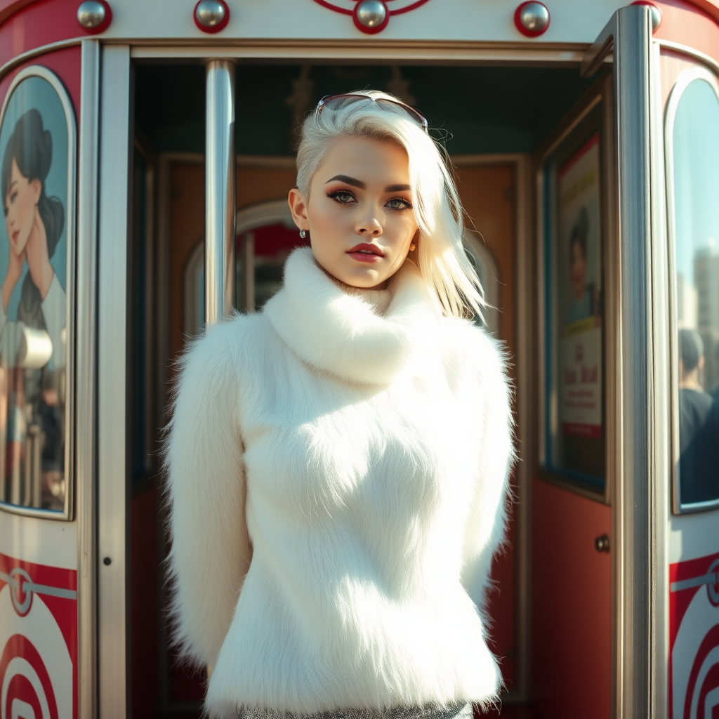 Amusement park “kissing booth”, sunny spring Sunday morning. Sam, 19 years old beautiful involuntary femboy, rebellious intractable character, petite boyish figure, platinum blond boyish rebel punk hairstyle, flawless heavily made-up face with sharp arched tattooed eyebrows, wearing Supertanya-style fluffy very fuzzy bright white angora thigh-length turtleneck-poncho fully covering body and arms, silver-glitter leggings, black leather high-heeled pumps, silver earrings, both hands tied to pole behind back, standing inside kissing booth, waiting for next customer to kiss. Focus on Sam’s face and turtleneck-poncho.