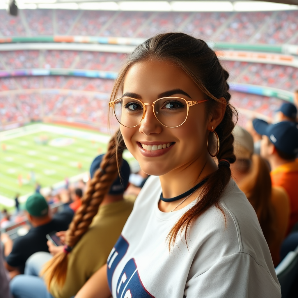 Attractive female NFL fan, pigtail hair, watching the game with her friends, inside crowded bleachers, NFL stadium