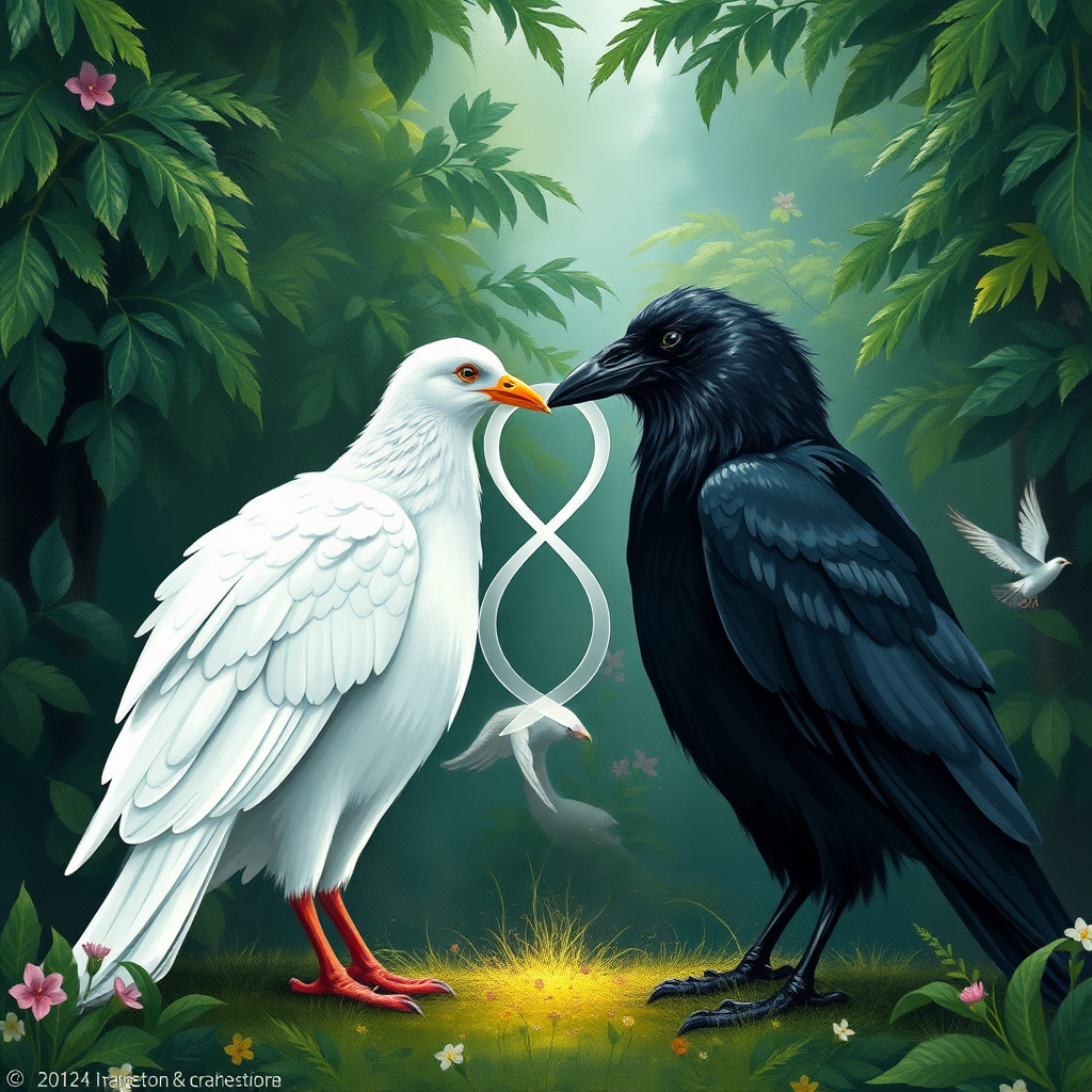 a huge white dove and a huge black crow standing facing each other within a clearing in an incredible lush garden. The beak of the dove is touching the beak of the crow. There is an abstract infinity symbol of wavy, transparent light energy that crosses as the beaks and moves into the bodies of the birds. Style is painterly, a bit abstract, dramatic, beautiful