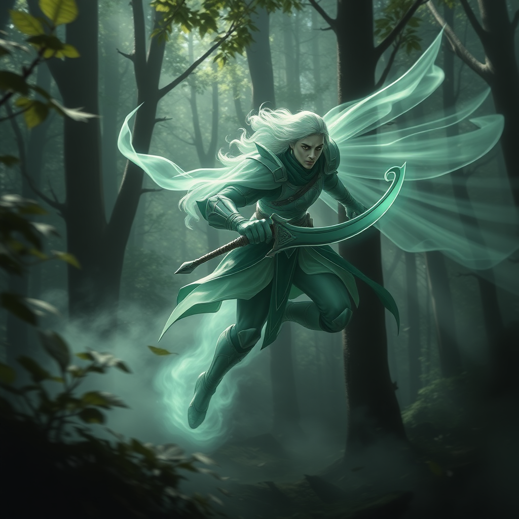 An ethereal image of the Emerald Wind, a swift and enigmatic warrior, moving through a dense forest with incredible speed. His figure is semi-transparent, blending with the wind itself, giving him a ghostly and untouchable appearance. His armor has a greenish glow, as if made from the wind, with light reflecting off the emerald hue. He holds a curved blade that seems to shimmer in the light, and his expression is calm yet focused. Leaves and mist swirl around him as he dashes between trees, barely leaving a trace. The atmosphere is mystical and serene, with the quiet power of the forest surrounding him, as if the wind obeys his command. The scene captures both his supernatural speed and the calm deadliness of a master warrior.