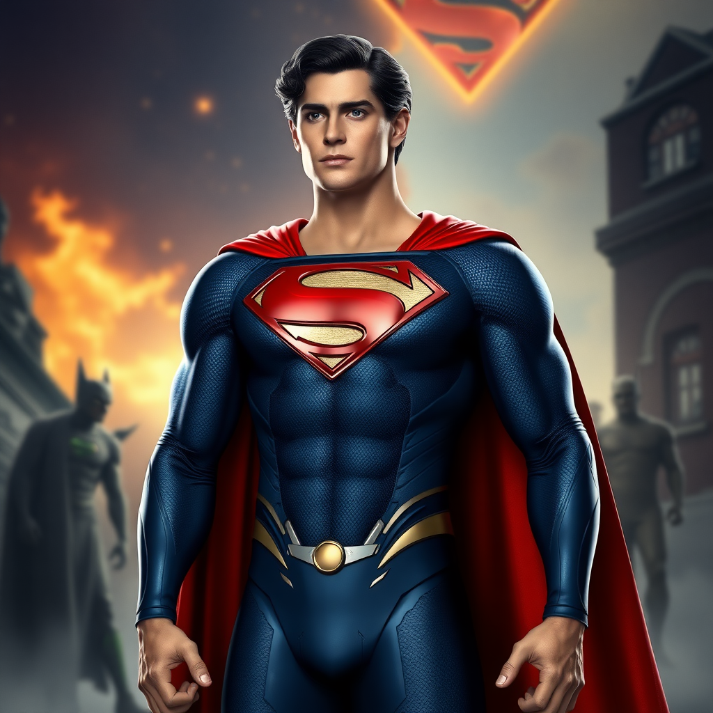 Generate a full-length photorealistic render of Superman possessing Marie Rose's female figure, maintaining his original head. Adapt his costume to fit the new form. Merge background elements inspired by both characters' worlds.