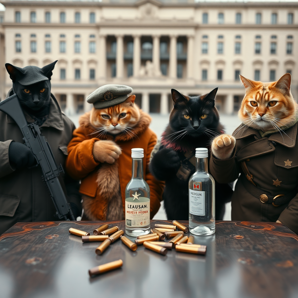 4 cat men who do not look at the camera, in a large square, a black man holding an AK-47, an orange one wearing a Russian military cap, a dark brown one, and a light brown one, Soviet communist with vodka, behind a table with bullet casings on it (film-style photo)