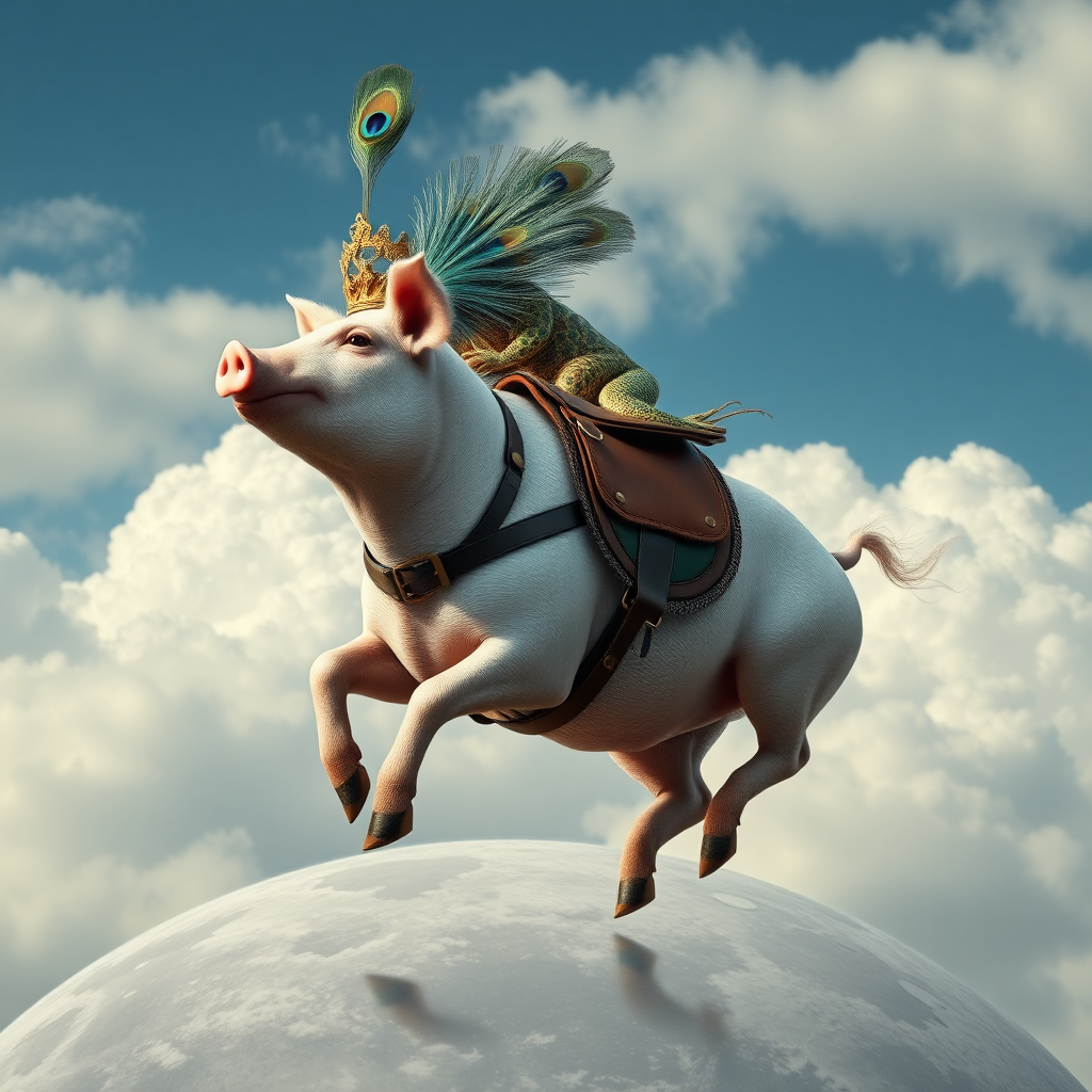 photorealistic pig with a saddle galloping in the cloudy sky above the moon surface, the pig is mounted by a toad with a crown made of peacock feathers,