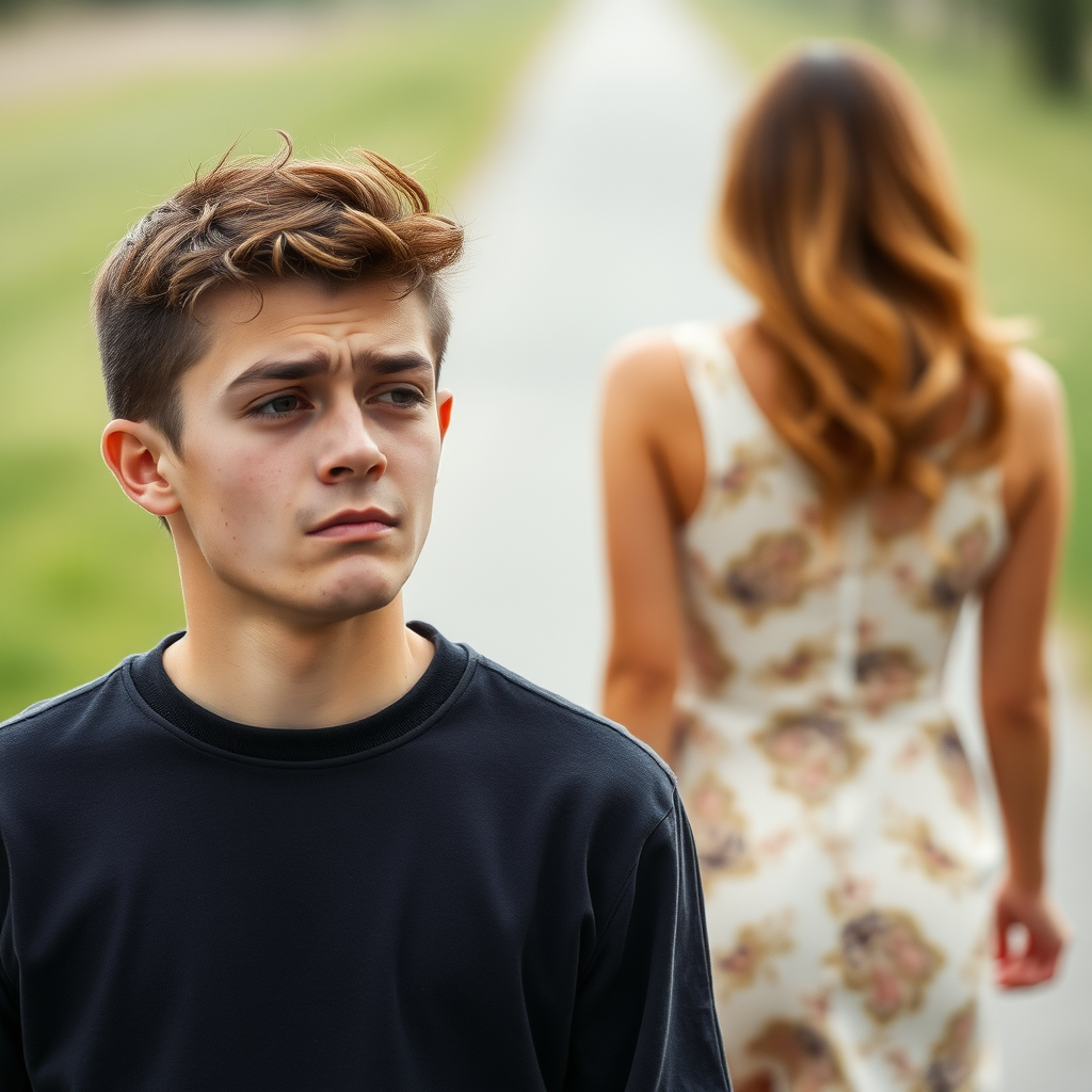 Picture of a young man who's crying while a beautiful woman walks away from him. You see the woman's backside walking away from the man.