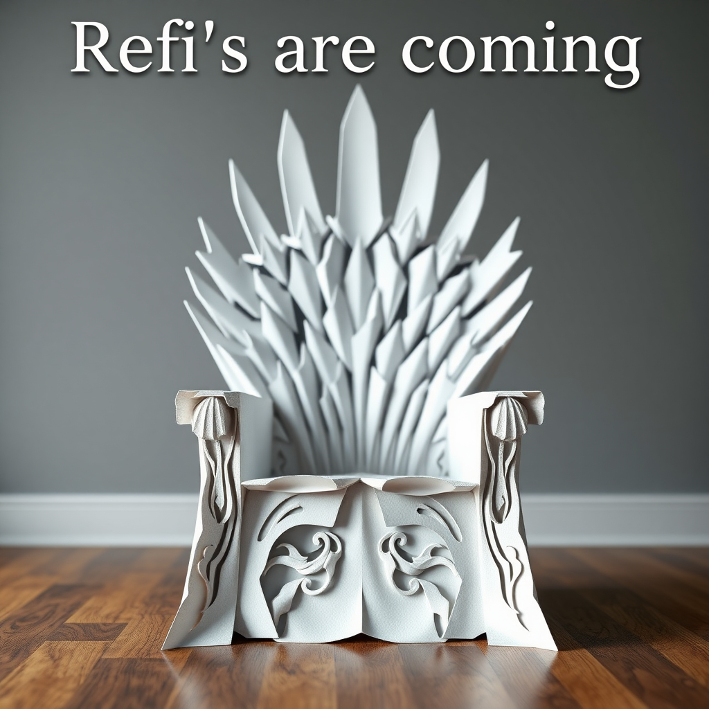 A flyer image of the game of thrones chair made out of white paper. The text in the background says “Refi’s are coming.”

The refi is for refinancing a home. Photorealistic, cinematic shot.