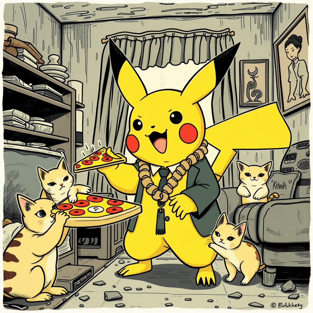 A well dressed handsome Pikachu demon delivering Hawaiian pizza to angry kittens in a decayed apartment, Chinese woodcut, Mormon, Catholic, Muslim,