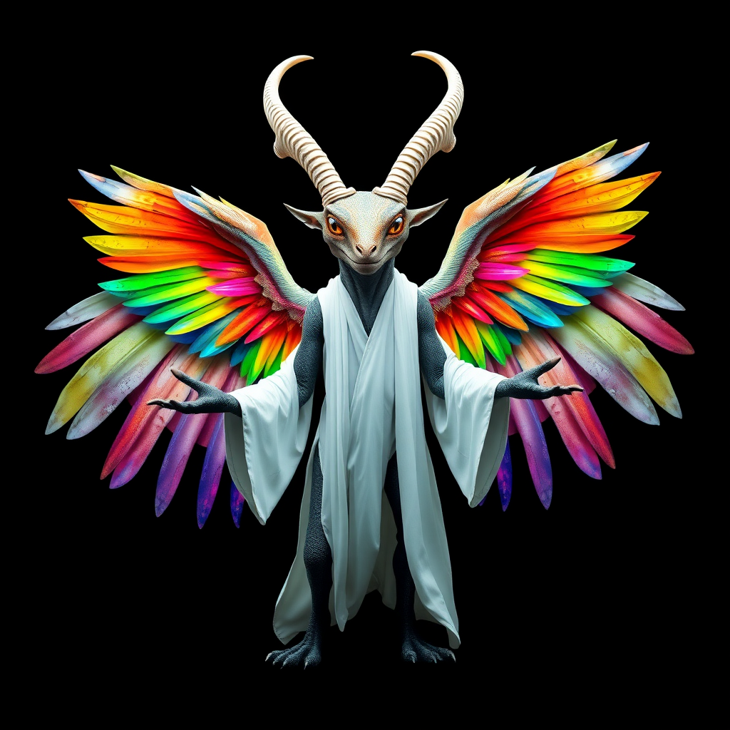 A striking image set against a black background features a tall, reptilian humanoid resembling a goat, adorned with two elegant white horns. Its mesmerizing rainbow eyes shine with intensity, while it wears flowing white robes. A vibrant, chaotic aura radiates around its entire form, and it stands with outstretched hands, showcasing three magnificent rainbow-hued angelic wings that embody a sense of chaos and beauty.