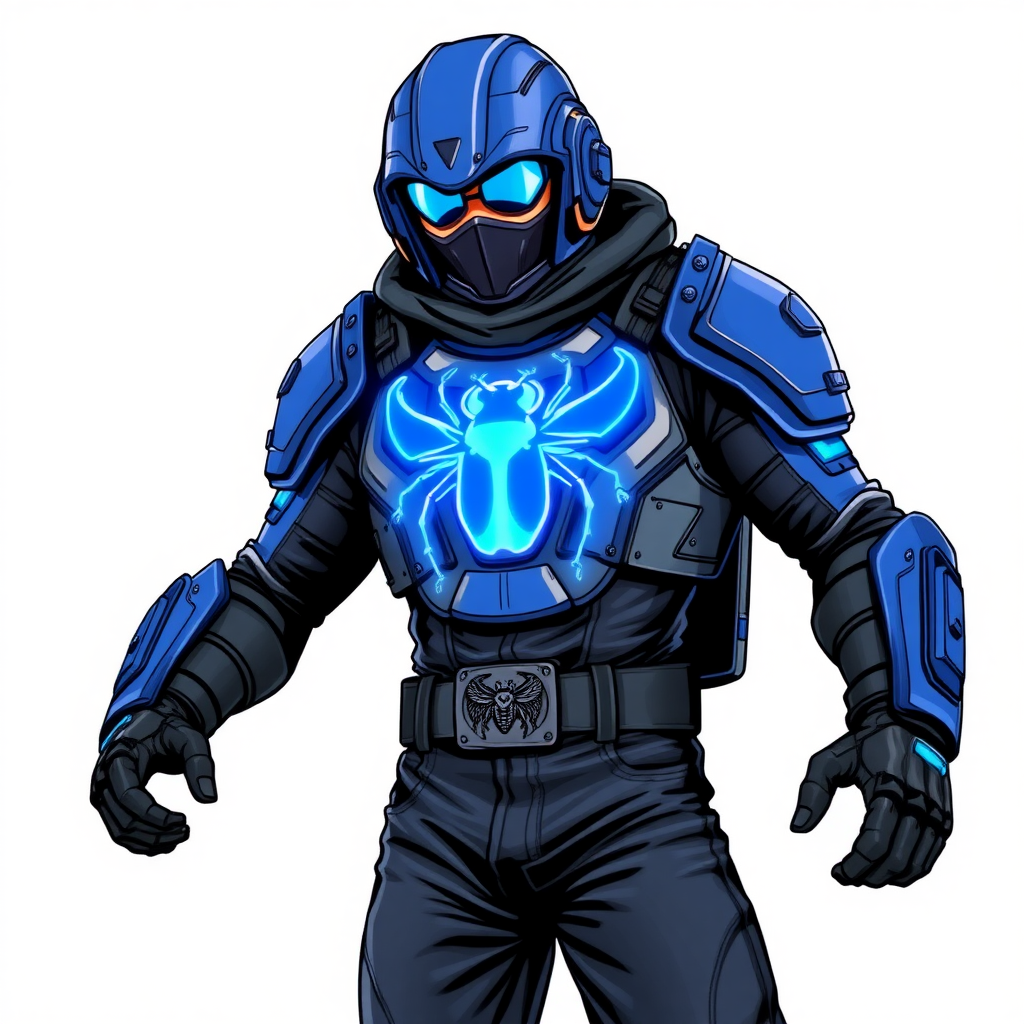 A 28-year-old cyberpunk vigilante stands heroically, clad in a high-tech, maximum blue armor featuring a neon blue glowing beetle on the chest. They wear black biker pants, a black belt with a sapphire beetle buckle, and a maximum blue head covering helmet with neon blue glowing lenses. Their hands are protected by black metal gloves, all set against a solid white background. He is drawn as if he was in a retro 2D cyberpunk fighting game.