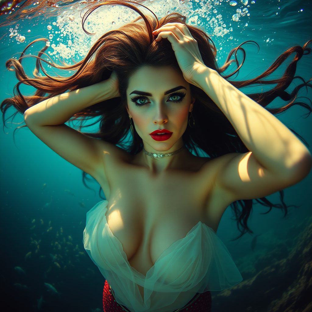 Vampirella as a mermaid underwater amazing loose flowing hair floating in a nimbus around her beautiful face her arms outstretched languidly over her head. she's looking down into the viewer's eyes making intense eye contact. loose fitting diaphanous. Burlesque. Stunning undersea life details plants and fish and other creatures of the sea. Amazing HD DSLR photographic output.