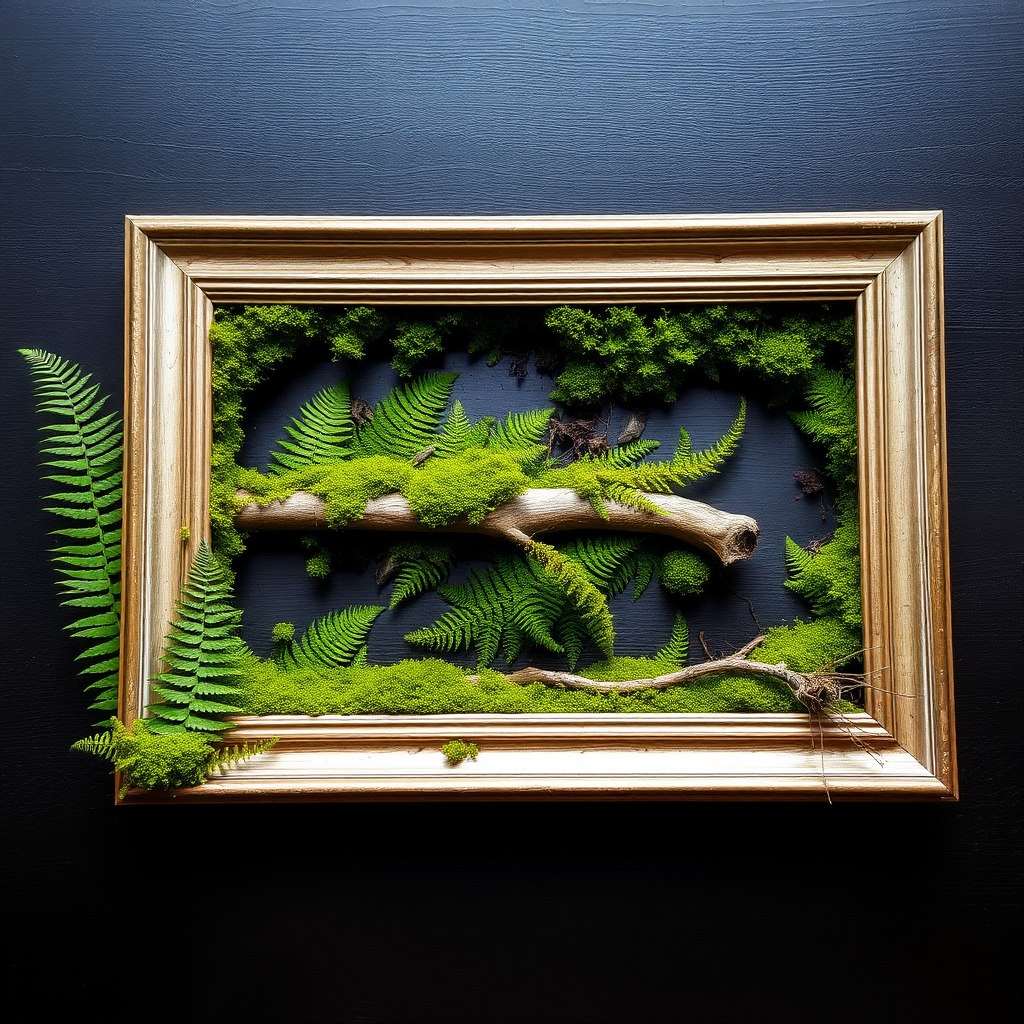 A horizontally placed picture frame is filled with ferns and moss, with a piece of dead wood in the middle. The moss covers the inside of the frame but does not extend onto the frame itself.