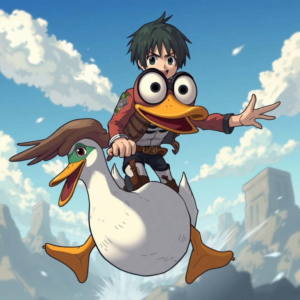 attack on titan with huge eyes riding a duck