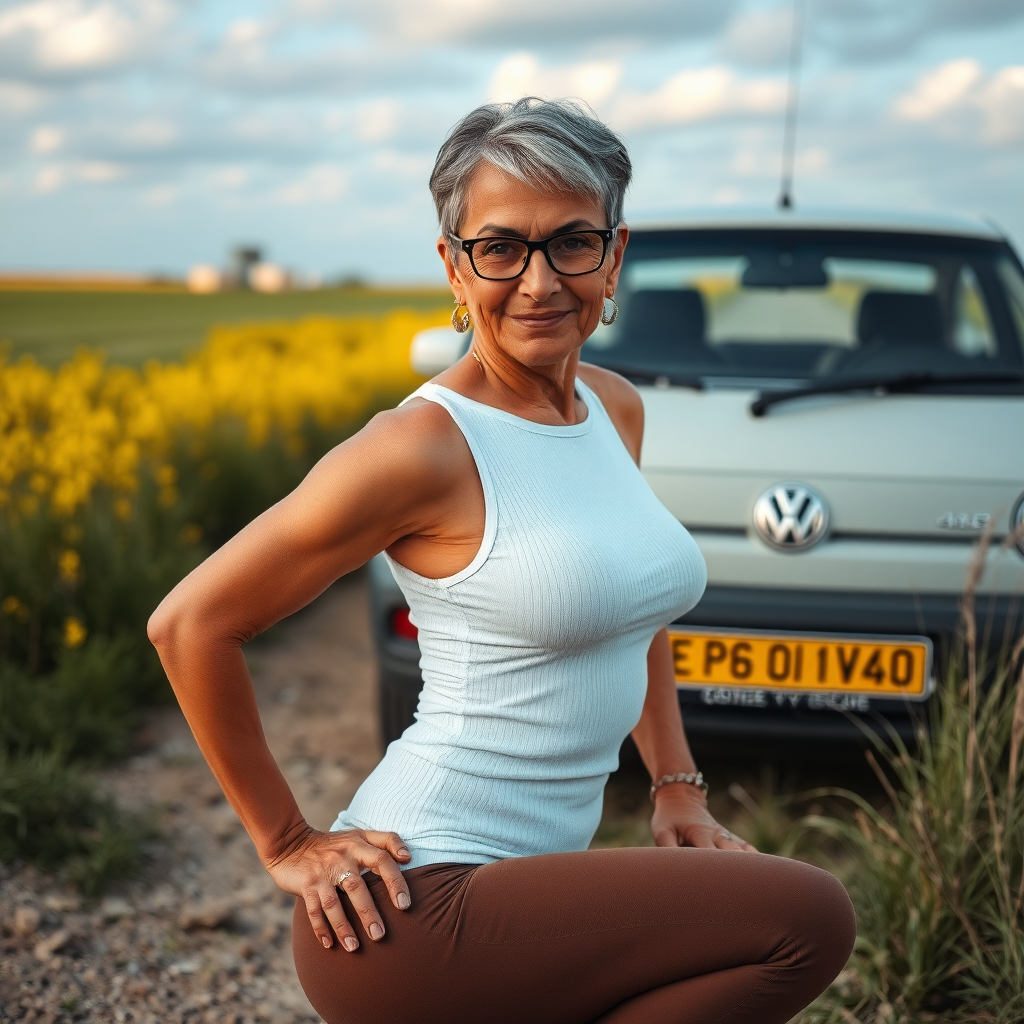 sexy Woman, 45 Years old, European, Latina, sharp aquiline nose, wrinkles, high cheekbones, Middle Eastern, Skinny, Tanned skin, Dark light skin, Makeup, Serious face, frowning, smiling, jewelry, Ash dark grey hair, bowl haircut, Slicked short hair, Short hair, black eye color, Glasses, detailed features, tight short white sheer open tank top, bra line, brown tight leggings, panty line, long legs, heart shaped round ass, hands on hips, squatting in the countryside near a VW polo V, full body, long establishing shot, side back view, looking at camera