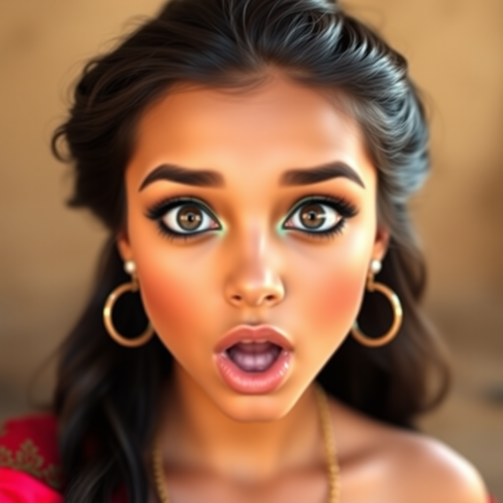 surprised Arabian girl with mouth open. She has very large eyes, black eyeshadow, black eyeliner, fake eyelashes, very tanned skin, very long hair. very high ponytail, princess jasmine, red off shoulder shinny crop top. photo realistic