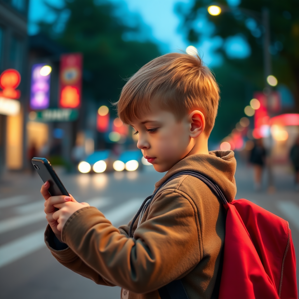 full real image of a kid using a phone turning right