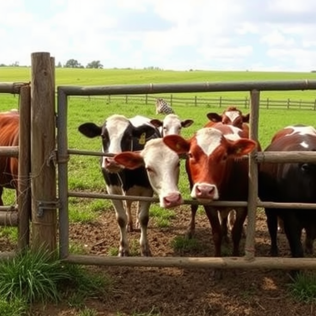 cows restricted by a gate, one breaks free from confinement