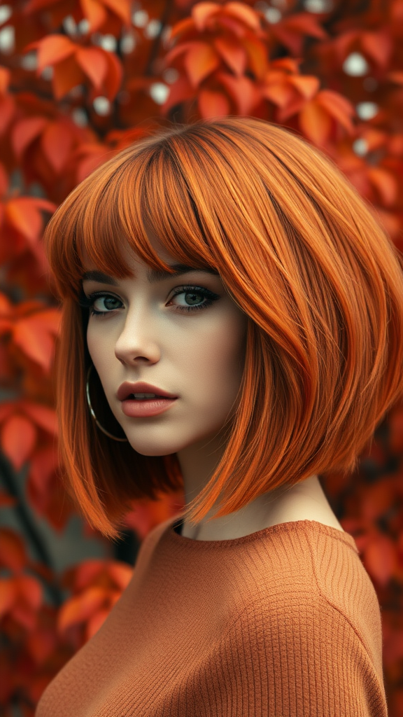 Emily Ratajkowski with a voluminous bob haircut, orange-red color, against a background of autumn horse chestnut foliage, in high definition.