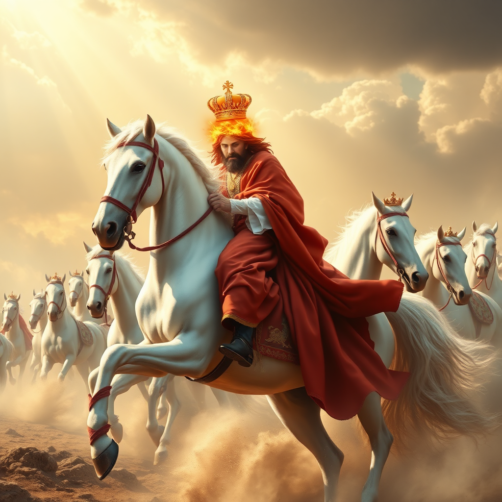 A white horse and its rider has eyes like blazing fire, and many royal crowns on his head. He is dressed in a robe dipped in blood. The armies of heaven, dressed in fine linen, white and pure, follow Him on white horses. And from His mouth proceeds a sharp sword with which to strike down the nations, and He will rule them with an iron scepter. He treads the winepress of the fury of the wrath of God the Almighty.