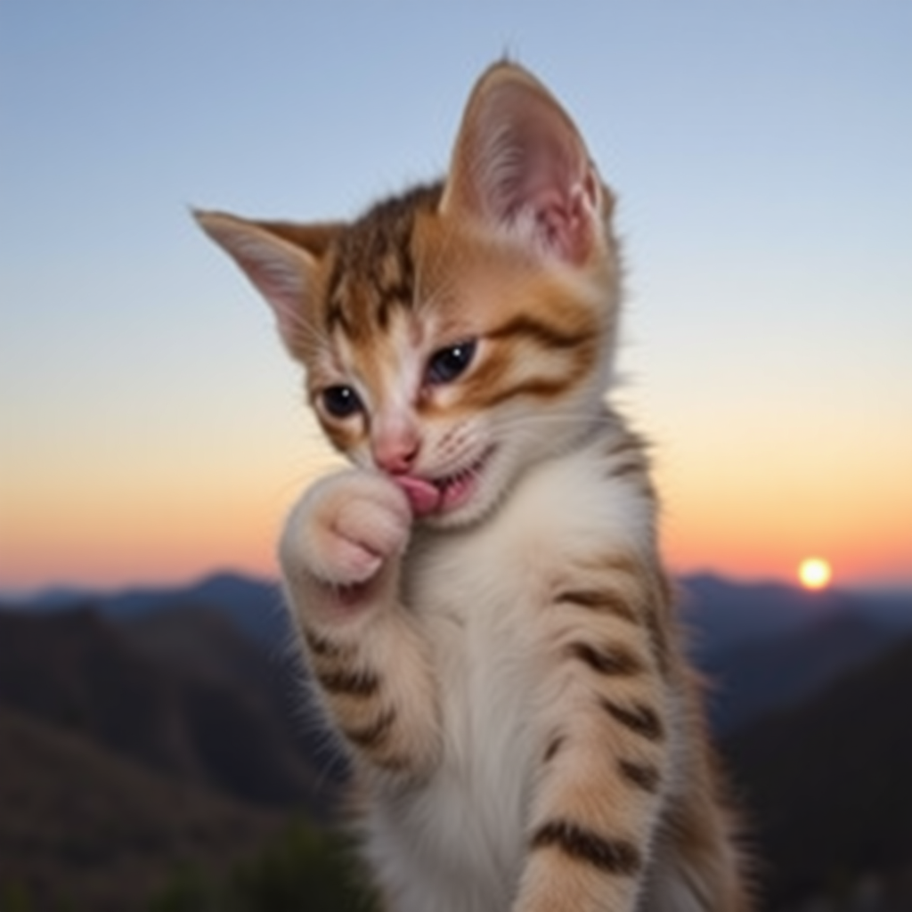 A cute little kitten is licking its paw, with a backdrop of rolling mountains and a red sunset, and the entire kitten should be visible.