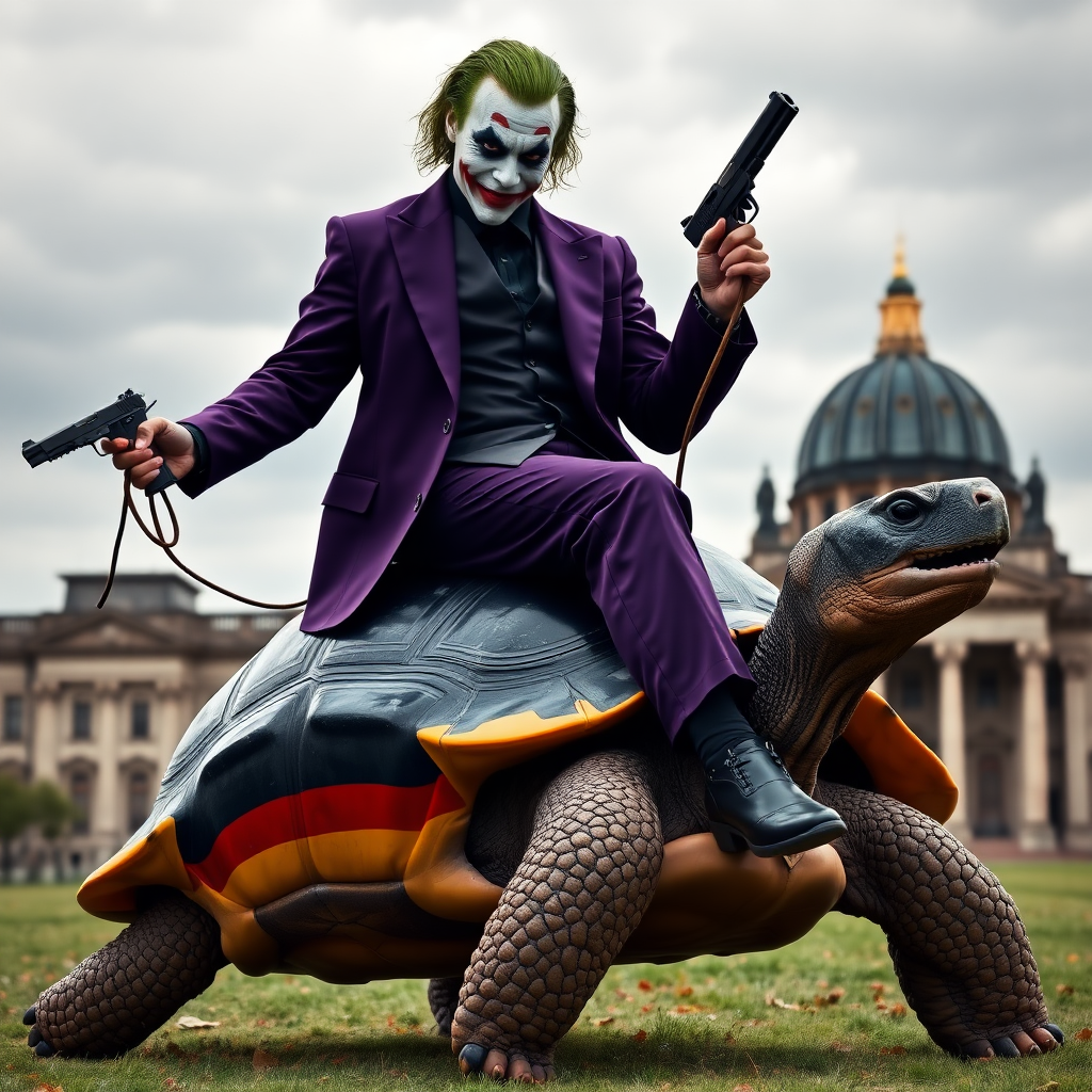 A photorealistic image of the Joker, wearing a dark purple suit with a black shirt, riding on the back of a large turtle. The Joker holds the reins of a bridle in his right hand, while in his left hand he holds a pistol. The turtle's shell is painted in the colors of the German flag (black, red, and yellow). In the background, the German Bundestag building can be seen, with its recognizable dome and grand architecture under a cloudy sky. The scene combines a surreal and whimsical mood with a hint of menace in Joker's expression.