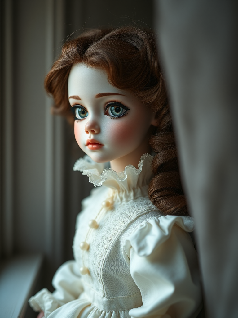 ooak art doll, artist doll, realistic doll, life-like porcelain doll, unique personality, stunning eyes, bisque doll, bjd, Victorian dress, classicist art, portrait photography, romanticism, low key lighting, dept of field, studio photography, full body shot, cute pose, looking out the window dreaming, noon