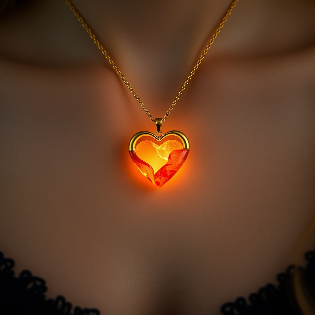 Minimal pendant fire resin pendant in heart style attached with golden chain on neck of a girl, in the style of fire heart, bent structure fairy tale, adafruit, tonalism, light gold, direct light, avant-garde style with diamonds to each horn.