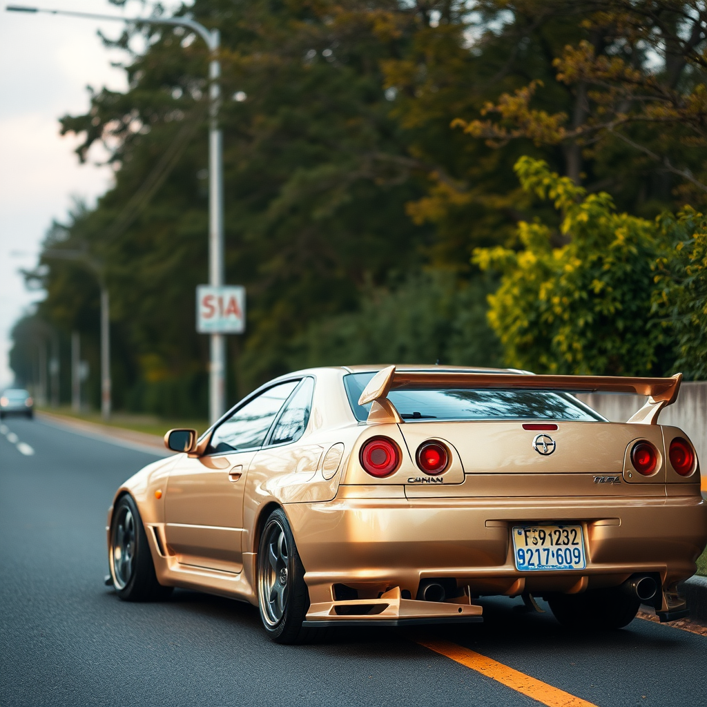 the car is parked on the side of the road, inspired by Taiyō Matsumoto, tumblr, restomod, nd4, c4 metallic shine nissan skyline r34