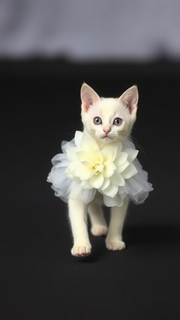 A little white cat walking on two paws wearing a white real flower frock doing a ramp walk.