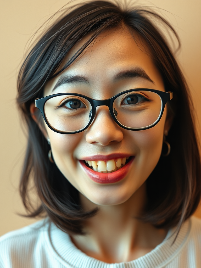 japanese nerdy skinny adult woman with big nose, big mouth, big yellowish teeth, moles, big eyeglasses and medium hair