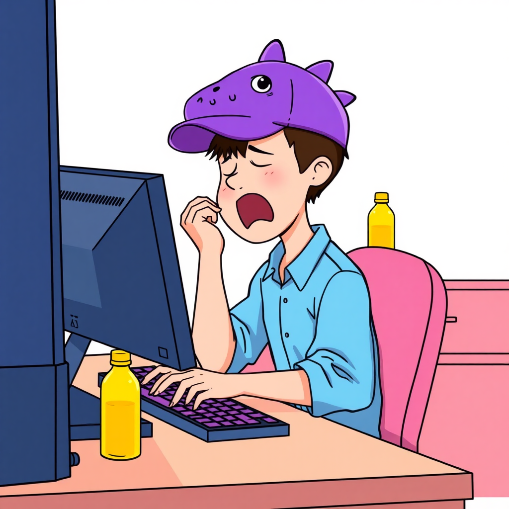 A high-quality illustration of a person sitting at a desk in front of a computer, yawning, with a purple dinosaur-themed cap and light blue shirt. The desk has a computer screen, a keyboard with purple keys, and a yellow bottle beside it. The view is the same as the original image with a light pink background and similar details, but the person now has a dinosaur cap instead of the original one.