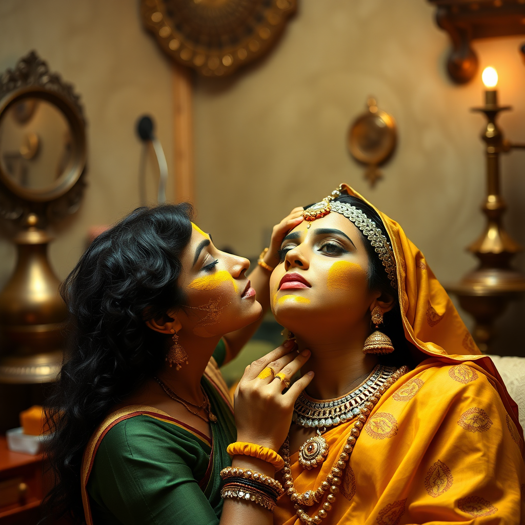 young cleopatra, working in beauty parlour, giving turmeric facial to rich, traditional indian wife