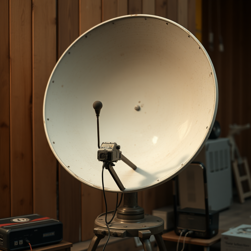 a full shot image of a high tech rustic vintage satellite dish on a stand connected to some devices