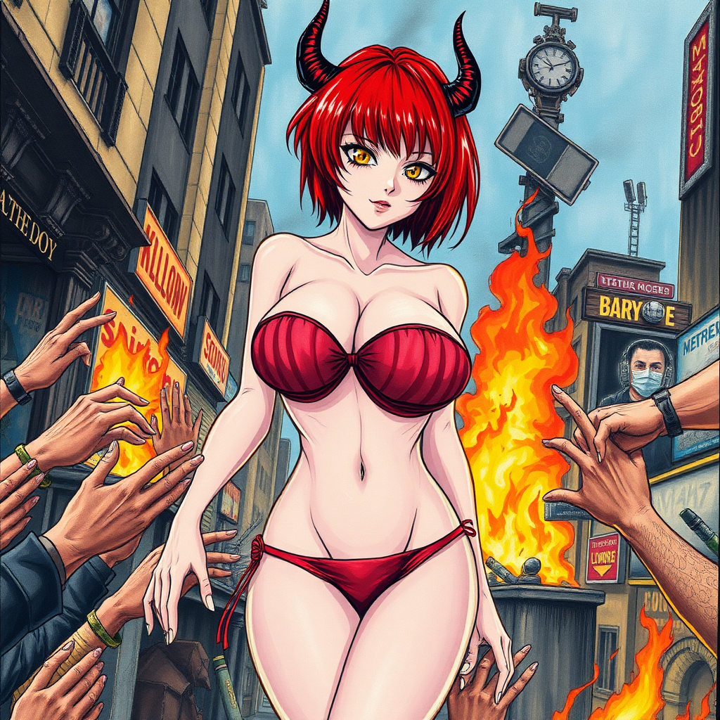 A terrible anime drawing with crayons: A seductive hypersexual woman, short red hair, mega-colossal huge massive boobs/tits/breasts that can barely fit in a bikini, horns, yellow eyes, sexy waist, full body, in a city on fire, hands of rioters next to her touching and grabbing her all over