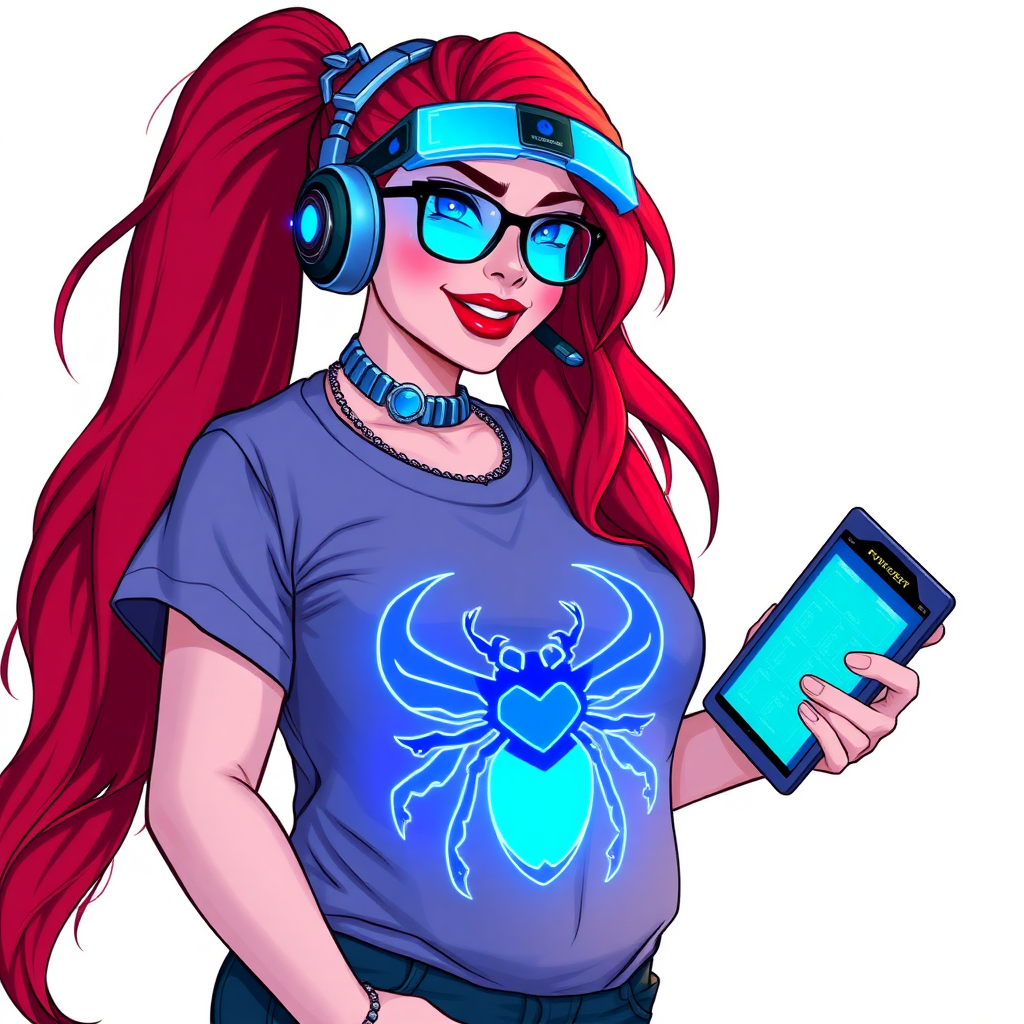 A cyberpunk vigilante’s full-figured intelligent and tech-savvy 29-year-old girlfriend, who is a computer hacker and tech genius. She has a long ruby red ponytail and bright blue eyes. She wears a sapphire beetle gemstone necklace, and an oversized Maximum Blue (RGB 71, 171, 204) t-shirt featuring a giant neon blue glowing icon of a scarab beetle on its chest. She has a full-figured physique with a prominent, gargantuan, round midsection, reflecting her well-cared-for lifestyle. The midsection is heavily emphasized. She sports a sapphire headset with hi-tech Maximum Blue (RGB 71, 171, 204) lensed HUD visor, Maximum Blue (RGB 71, 171, 204) lipstick, black eyeglasses, and a beaming smile with a passionate bright red blush. Despite her figure and a lack of self-esteem, she radiates an air of beauty. She has an angular face which contributes to her radiant beauty. She serves as his tech expert from his hideout, holding a holographic tablet and a hi-tech tool wrench. The background is solid white. She is drawn as if she was in a retro 2D cyberpunk fighting game. Make sure her shirt covers her round midsection.