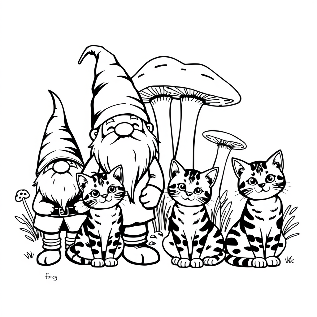 A happy Gnome family standing with their 2 Bengal cats sitting. some mushrooms in the background. Black and White - no gradients or greys. Vector style, isolated on white