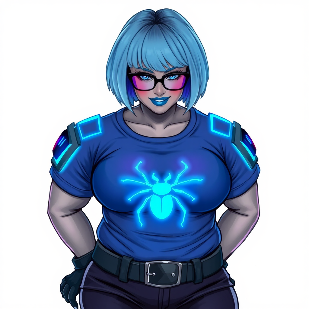 A 28-year-old, full-figured, metallic middle gray skinned cyberpunk computer program hybrid with a short maximum blue bob cut. She has a non-athletic build, highlighted by a prominent, round midsection (with a focus on her round belly). As a digital sidekick to her cyberpunk vigilante boyfriend, her middle gray metallic skin and maximum blue lipstick emphasize her digital nature. She wears a digital, computerized, costume consisting of a huge, tight-fitting, neon blue glowing, digital armored, maximum blue t-shirt (accentuating her round belly) with a neon blue glowing chest icon of a beetle, black digital pants, a black belt with a neon blue glowing digital beetle buckle, and black hi-tech gloves. Her bright blue eyes, black eyeglasses with lenses glowing bright neon blue, and shy smile with neon red blush accentuate her nerdiness. She bashfully bows her head (while still facing the screen) with her hands behind her back, her t-shirt covers her midsection (especially her belly) and emphasizing her full-figured, non-athletic physique. She is on a solid white background. She is drawn as if she was in a retro 2D cyberpunk fighting game. She is clearly non-athletic, with a focus on her full figure. Make sure her costume covers all of her bare skin (especially her round belly).