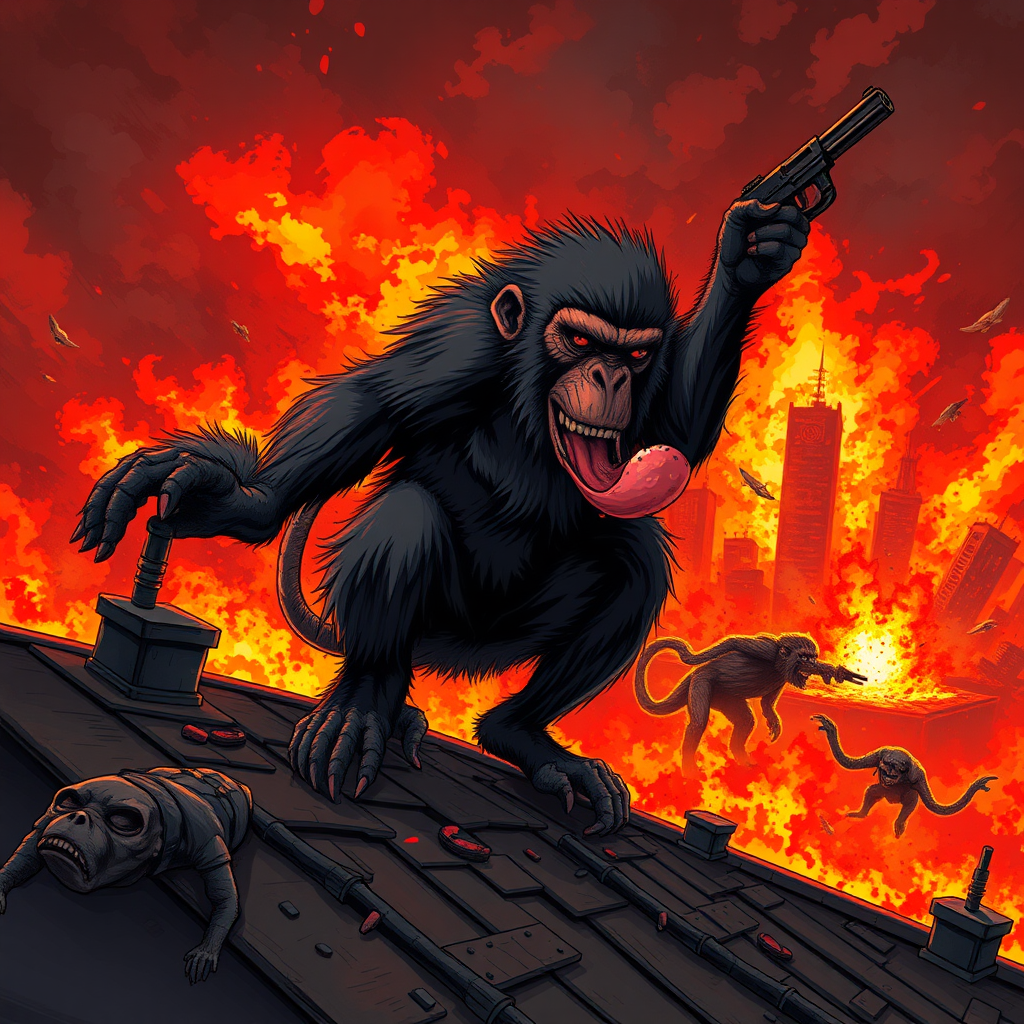 ANIME STYLED., GENERATE MONKEY DOOMSDAY, CITIES ON FIRE, HUMAN DEAD CORPSES ABLAZE, THOUSANDS OF Big to small VISCOUS INSANE MONKEYS EVERYWHERE!! VIEWS OF THEY ARE CRAWLING ON ROOFS, POOPING, DESTROYING, EATING, THROWING DYNAMITES, ON THE GROUND, SHOOTING GUNS, EXPLOSIONS, ANIMALS BLOODY