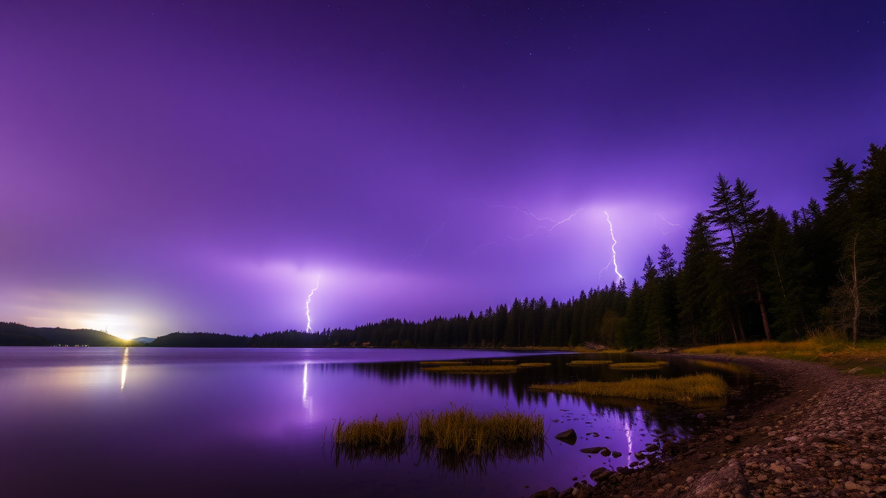 photo,lakes,nature,purple sky,lightning