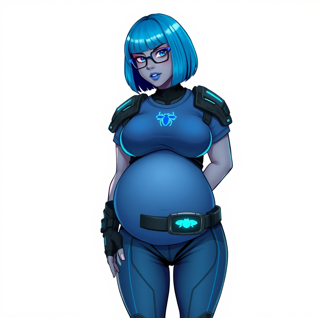 A 28-year-old, full-figured, middle gray-skinned computer program hybrid with a striking maximum blue bob cut. She has a non-athletic build, highlighted by a prominent, round, gigantic midsection (with heavy emphasis on her belly) that showcases the results of her pampering. As the cherished digital sidekick to her cyberpunk vigilante boyfriend, her middle gray metallic skin and maximum blue lipstick emphasize her digital essence. She dons a digital, computerized costume featuring a large, tight-fitting, maximum blue t-shirt with a neon blue glowing beetle icon on the chest, hi-tech shoulder pads with neon blue accents, a black hi-tech belt with a digital neon blue glowing beetle buckle, and digital maximum blue biker pants with neon blue accents. Her look is completed with black hi-tech fingerless biker gloves with neon blue glowing accents. Her neon blue glowing eyes, black eyeglasses with a neon blue glowing HUD built into the lenses, and a shy smile with neon red blush highlight her nerdy charm. She stands bashfully with her hands behind her back, her costume covering all her skin and emphasizing her full-figured physique, especially her belly. Despite her non-athletic build, she radiates beauty. Her slim face contrasts with her physique, accentuating her radiant beauty. She is depicted on a solid white background. She is drawn as if she were in a retro 2D cyberpunk fighting game.