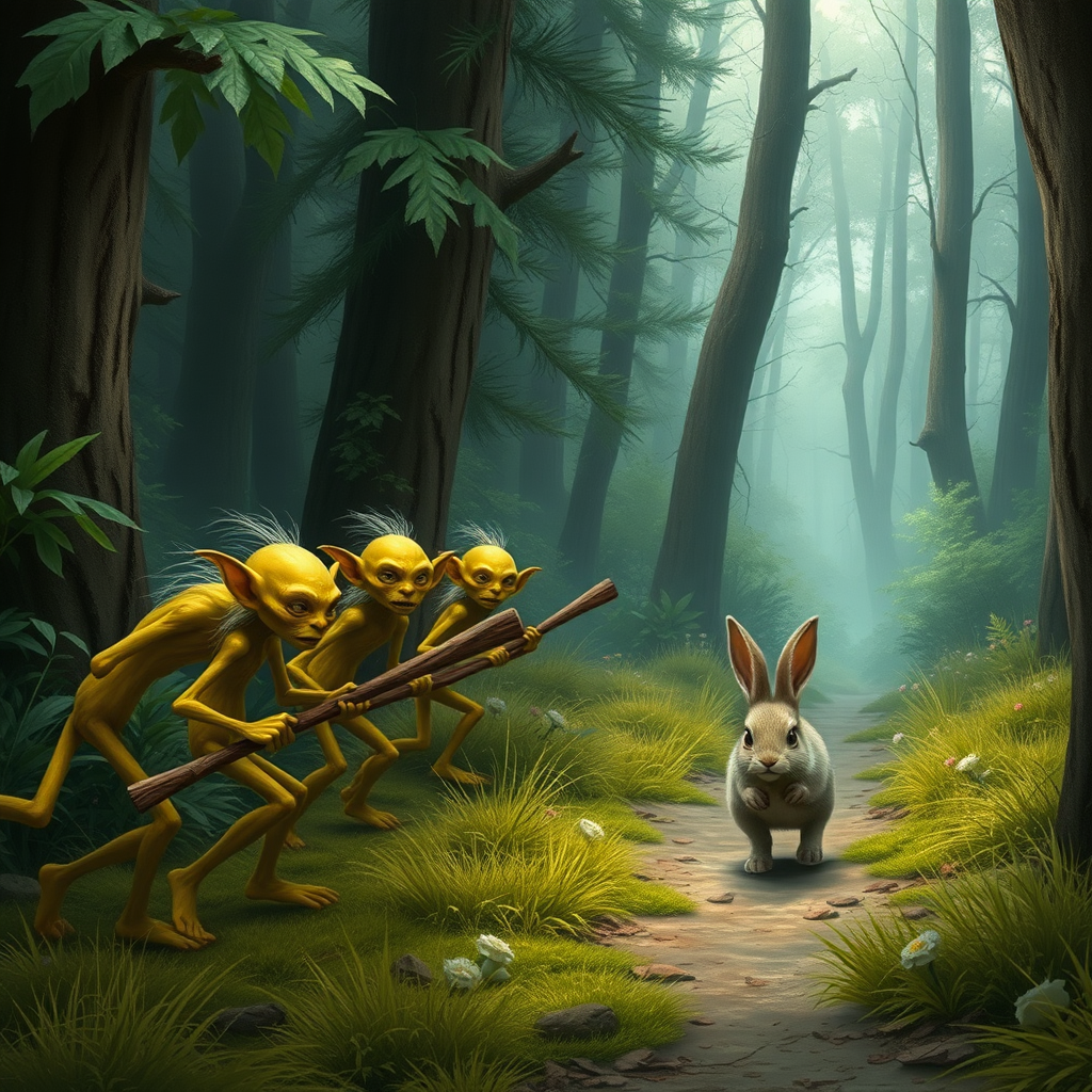 A realistic picture of several skinny, yellow goblins with wooden clubs looking at and chasing after a fleeing bunny along a forest path.