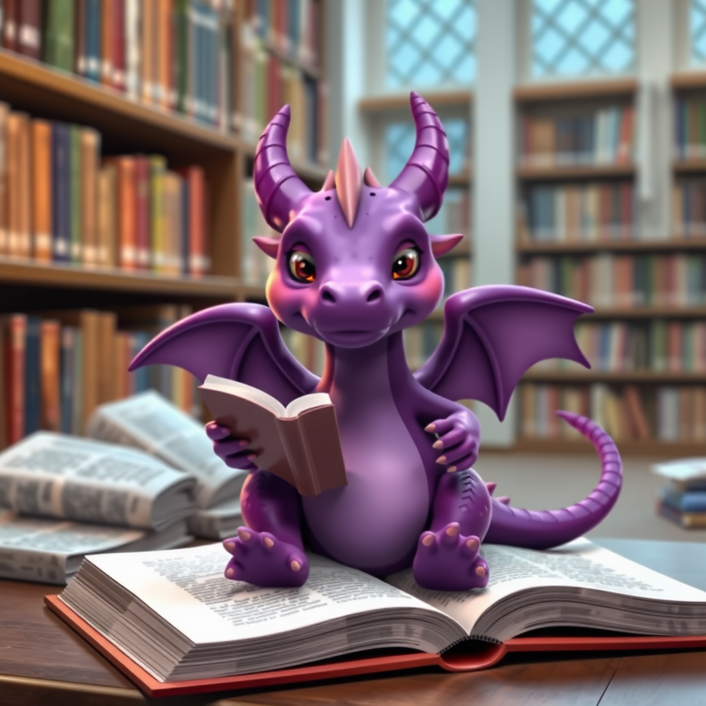 A lazy purple small dragon with two legs, two arms and wings in a library reading from a large book.