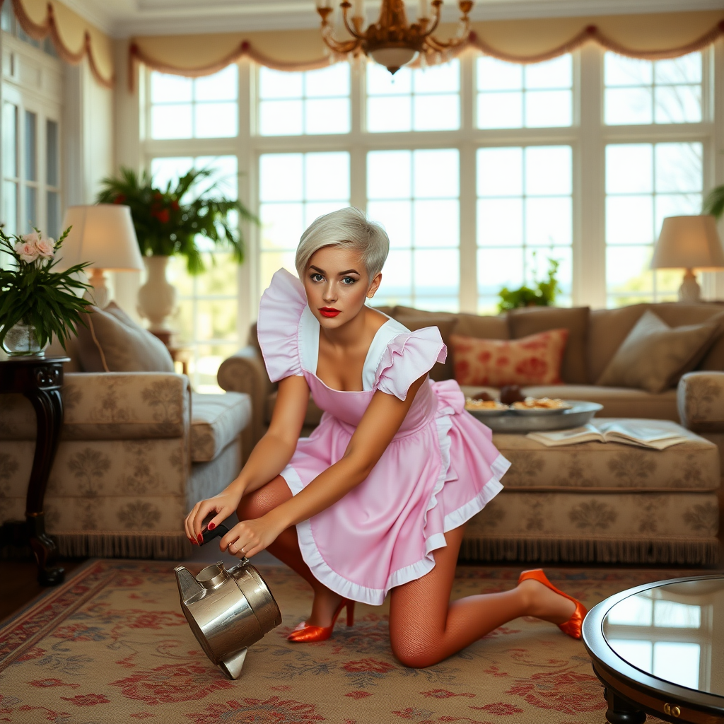 1990s The Hamptons sunny spring morning, super luxury chichi-society mansion living room. Lina, European 17 years old, unvoluntary very convincing femboy-maid, tamed servile docile, very beautiful feminine flawless face, rather short boyish figure, platinum blond short boyish pixie, bold red lips, heavily made-up face, wearing pink nifty online-shop sissy French Maid costume, mesh pantyhose, pumps, pout serious, kneeling on floor picking up dropped coffee pot.